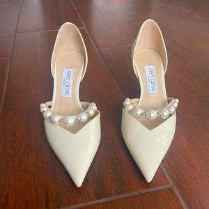 Jimmy Choo Aurelie 65 Latte Patent Leather Pointed Pumps w/ Pearl Embellishment